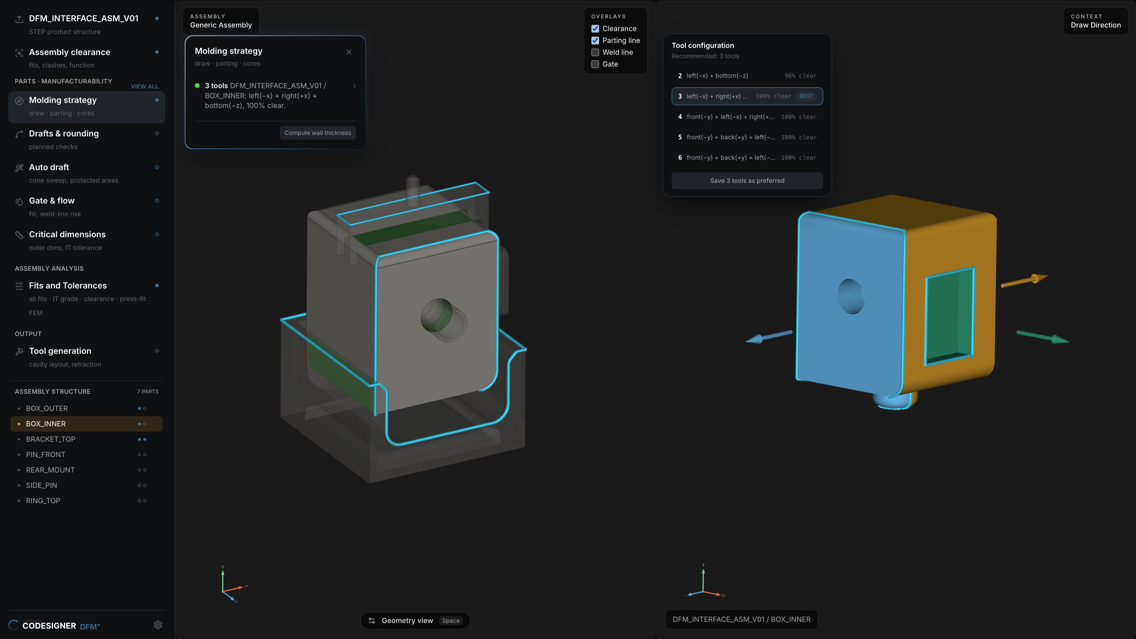 A CoDesigner workspace: an assembly with clearance, parting-line and weld-line overlays, a molding strategy, and computed tool draw directions.