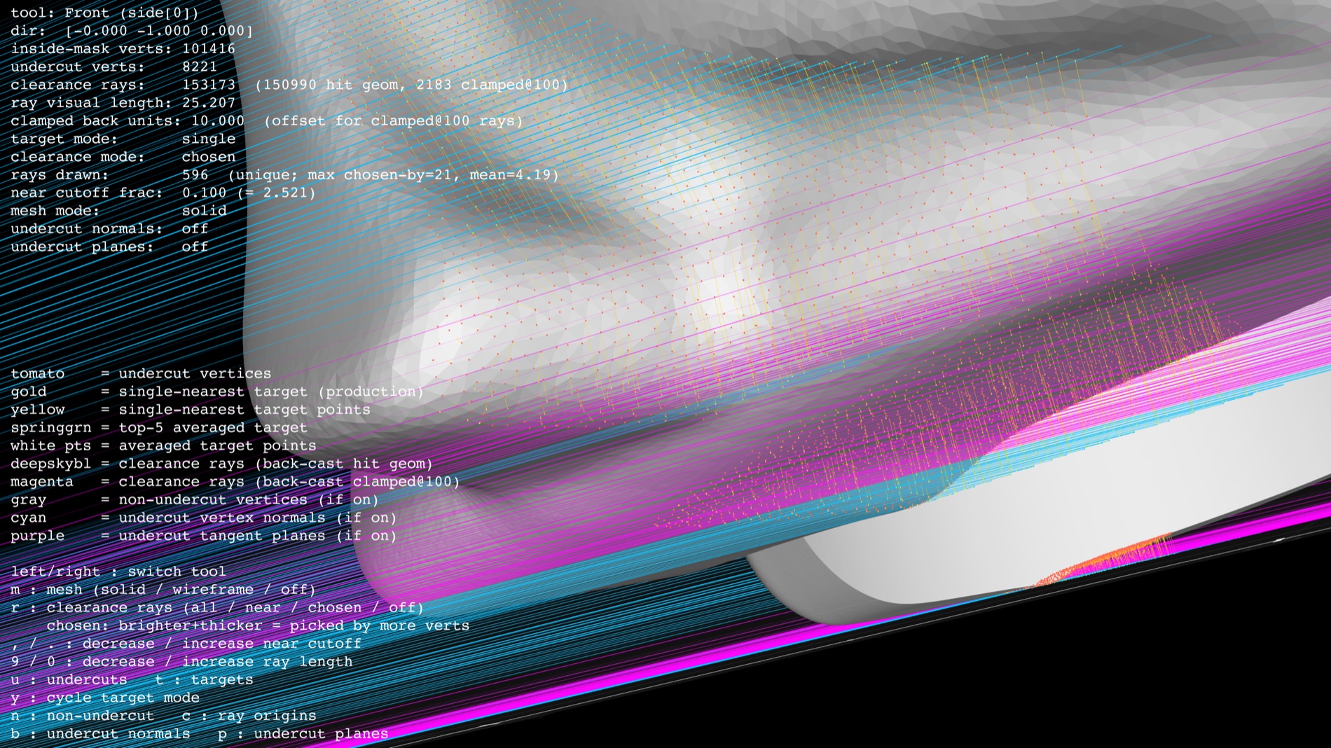 CoDesigner computing clearance rays across a part surface.