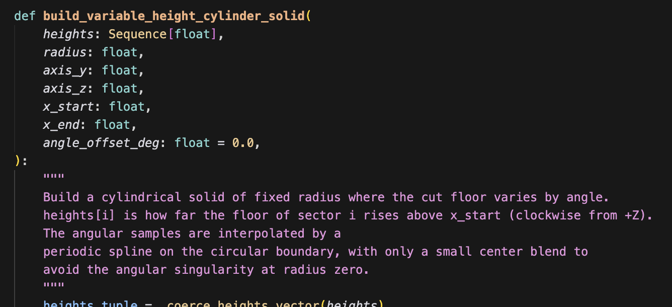 A Python function that builds a parametric solid: geometry expressed as code.
