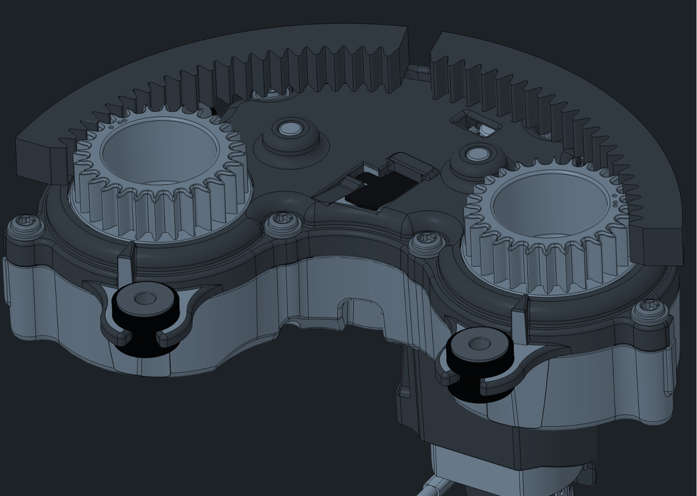 A gearbox assembly: ring gear, planet gears, housing and fasteners, resolved as computed geometry.